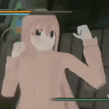 a cartoon girl with pink hair is standing in front of a sword .
