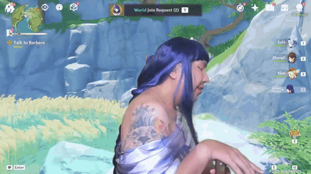 a man with a tattoo on his arm is playing a video game with a world join request