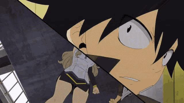 a close up of a cartoon character 's face with a black hair