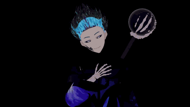 a person with blue hair is holding a purple object