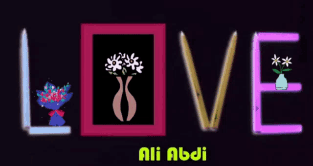 a neon sign that says love with a picture of a vase of flowers