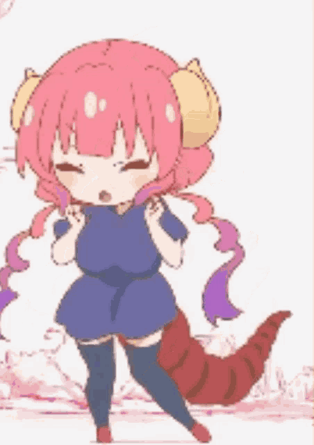 a little girl with pink hair and a purple tail is standing on a white background .