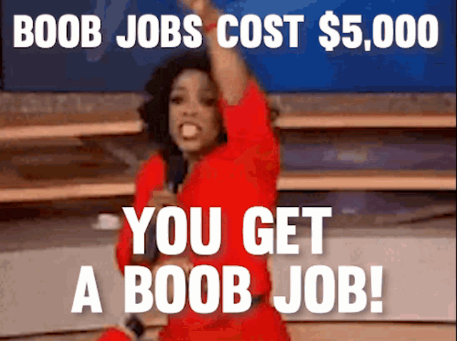 a woman in a red dress says boob jobs cost $ 5,000