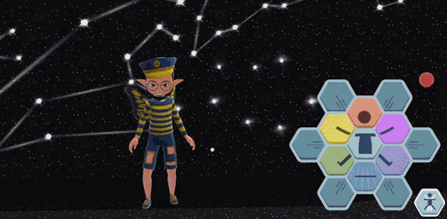 a cartoon character is giving a thumbs down sign in front of a constellation