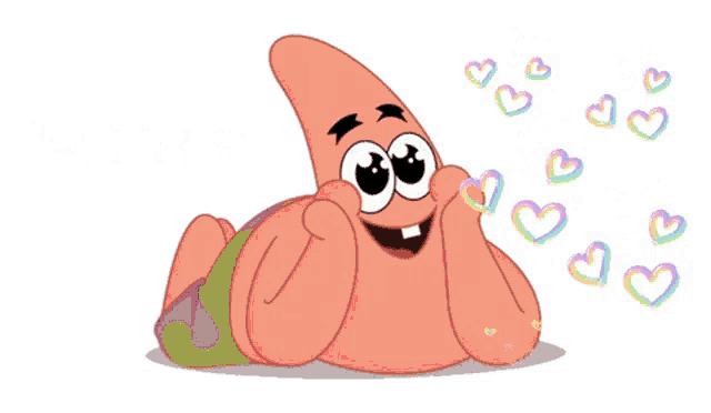 patrick star from spongebob squarepants laying down with hearts around him and the words brrt