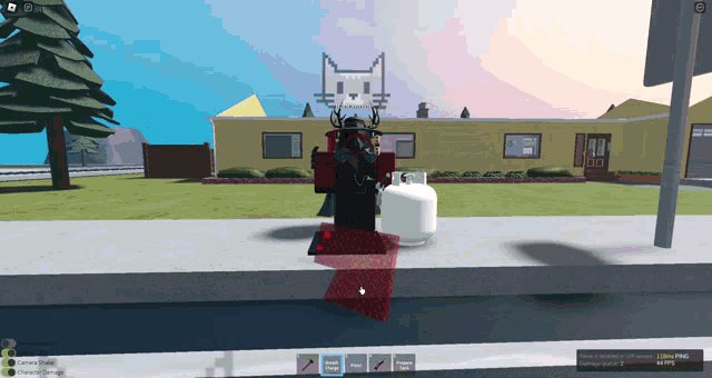 a person standing next to a propane tank with a cat face on their head