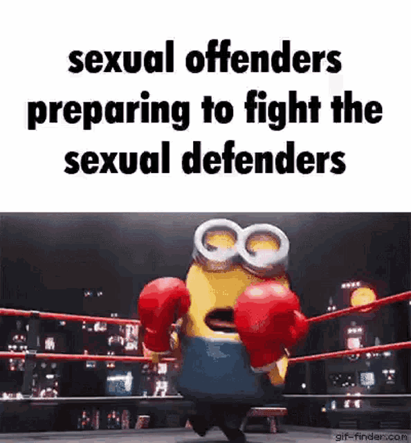 a minion wearing boxing gloves is standing in a boxing ring and preparing to fight the sexual defenders