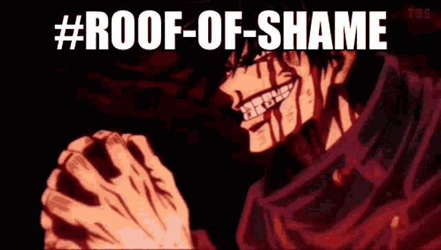 a man with a scarf around his neck is smiling with the words `` roof of shame '' written above him .