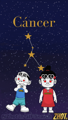 a cartoon of a boy and a girl in front of a constellation called cancer