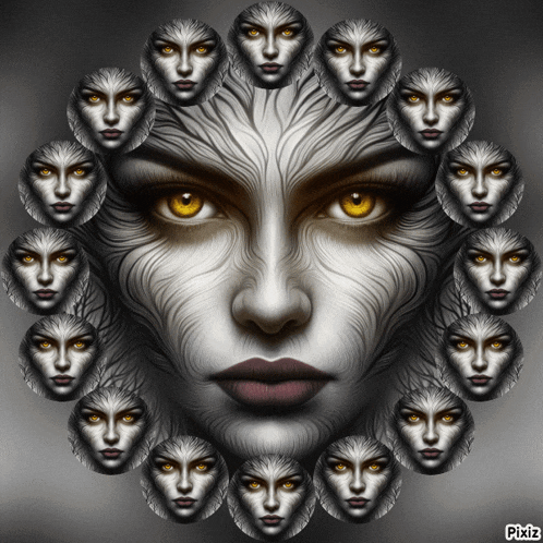 a painting of a woman 's face with many faces around it
