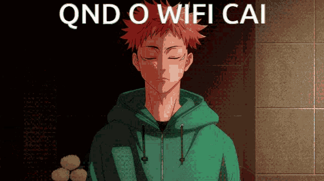 a man in a green hoodie with the words qnd o wifi cai on the bottom
