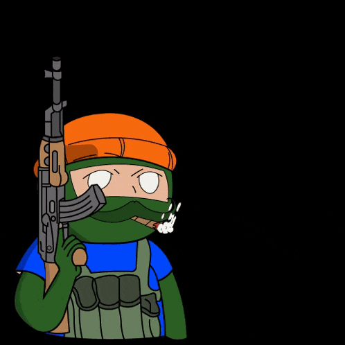 a cartoon of a soldier holding a gun with a flame coming out of it