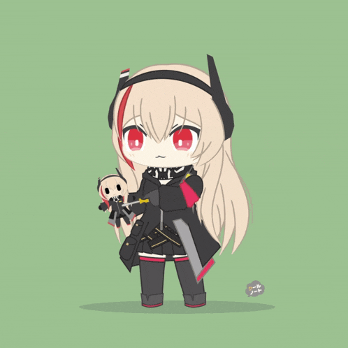 a cartoon drawing of a girl holding a stuffed animal and a knife