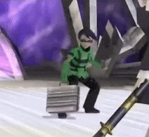 a man in a green suit is holding a briefcase and a sword in a video game .