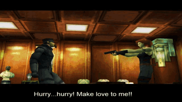a video game scene with the words hurry hurry make love to me on the bottom