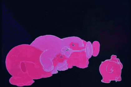 a group of pink and purple elephants playing trumpets .