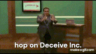 a man in a suit is standing in front of a desk with the words hop on deceive inc. on the bottom