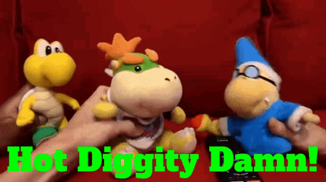 a person holding a stuffed animal with the words hot diggity damn written above it
