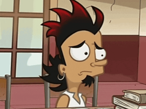 a cartoon character is sitting at a table with books on it