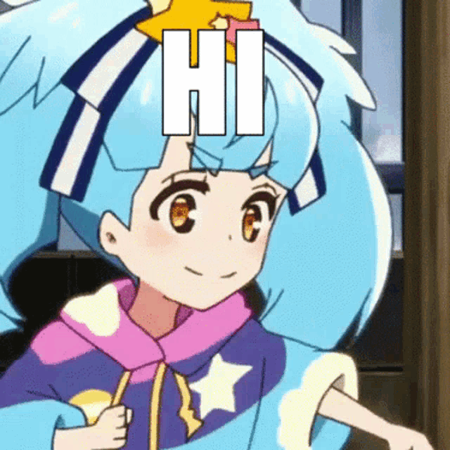a cartoon girl with blue hair and a star on her head says hi
