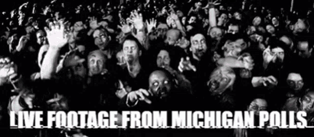 a black and white photo of a crowd of people with the words live footage from michigan polls