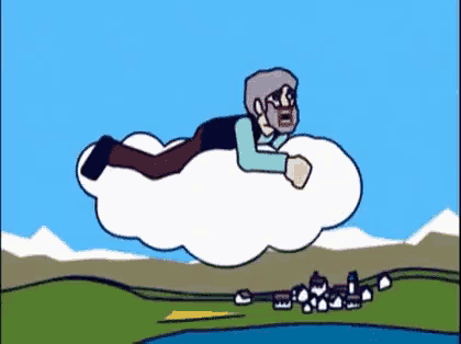 a cartoon of a man flying through the air on a cloud over a lake .