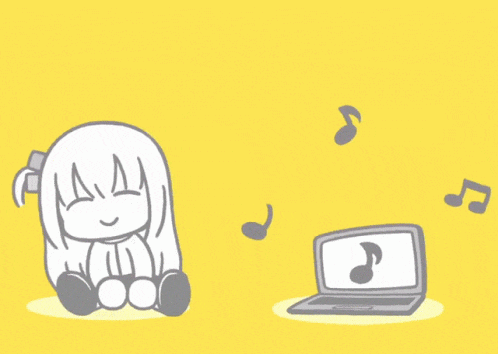 a drawing of a girl sitting next to a laptop with music notes flying around her
