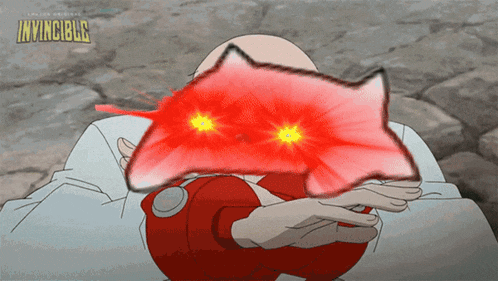 a bald man is holding a red object with invincible written on the top