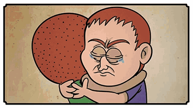 a cartoon of a man crying while holding another man 's head .