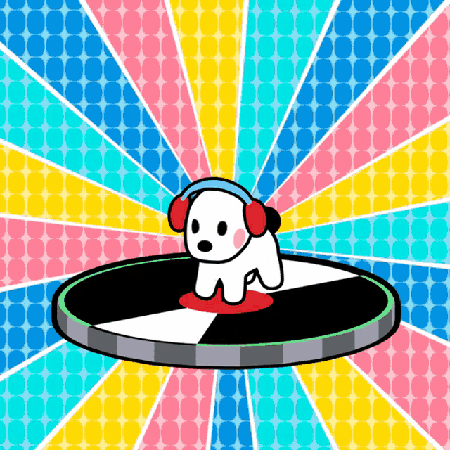 a cartoon dog wearing headphones sits on a record