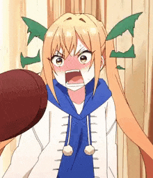 a cartoon girl with long blonde hair is holding a basketball in her hand .