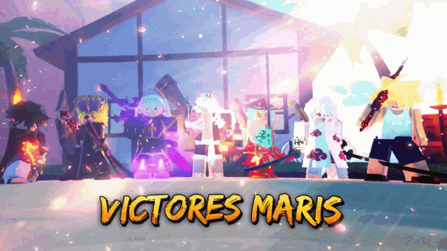 a poster for victores maris shows a group of people standing in front of a house