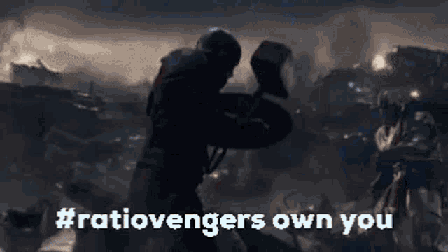 a man is holding a hammer in his hand in a battle scene from avengers endgame .
