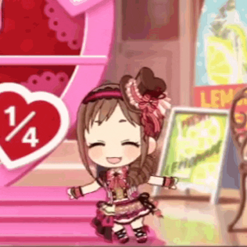 a little girl is standing in front of a pink heart in a video game .