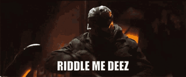 a man holding a sword with the words riddle me deez written on the bottom