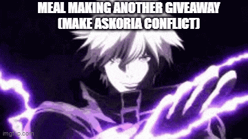 a black and white anime character is holding a purple lightning bolt in his hand .