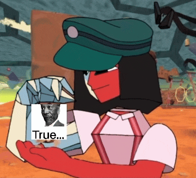 a cartoon character with a picture of a man and the words true on the bottom
