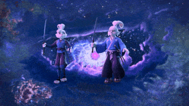 a couple of cartoon characters standing next to each other in a purple space