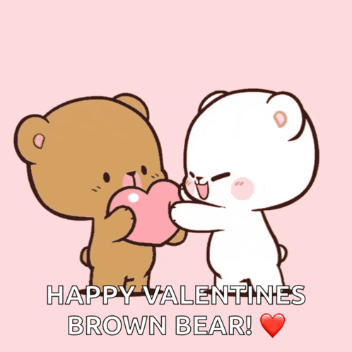 two teddy bears holding a heart with the words happy valentines brown bear