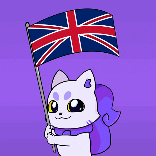 a cartoon cat holding a british flag with the letter b on its head