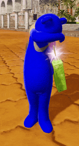 a blue teddy bear is standing in a desert holding a green bag