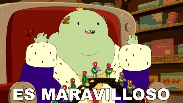 a cartoon character is sitting in a chair with the words es maravilloso written below him