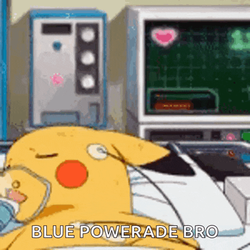 a cartoon pikachu is laying in a hospital bed with an oxygen mask on his face .