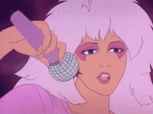 a cartoon woman is singing into a microphone with a surprised look on her face .