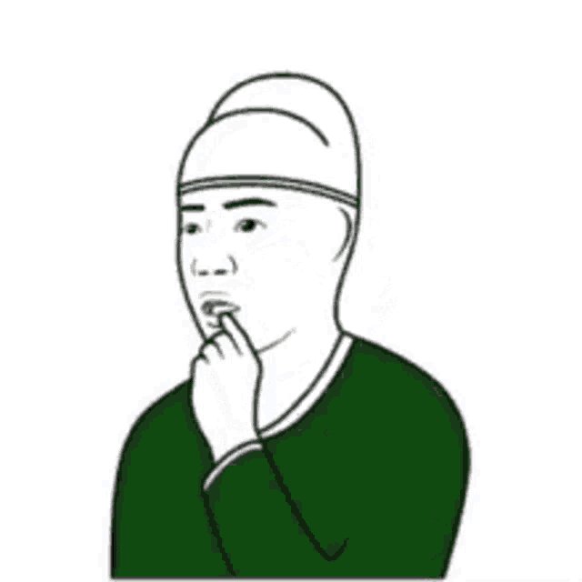 a black and white drawing of a man wearing a green sweater and a green hat .