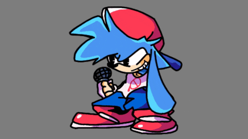 a cartoon character is holding a microphone and wearing a red and blue hat