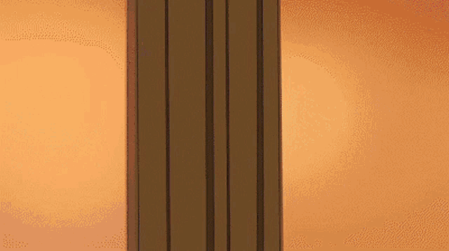 a cartoon character says hey haruhi while peeking out of a doorway