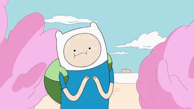 a cartoon character is standing in front of pink trees and a blue sky
