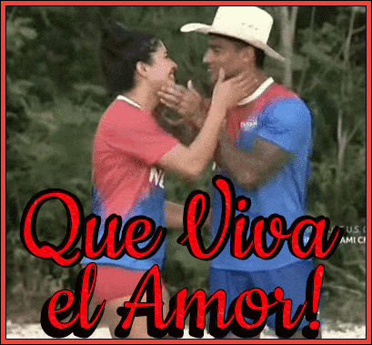a picture of a man and a woman with que viva el amor written in red