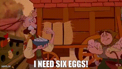 a cartoon of a man holding a bowl of eggs with the words `` i need six eggs '' .